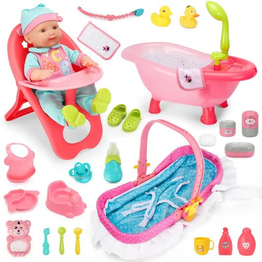 14" Baby Doll Play Set with Crib, Bath Tub, High Chair & 25 Accessories
