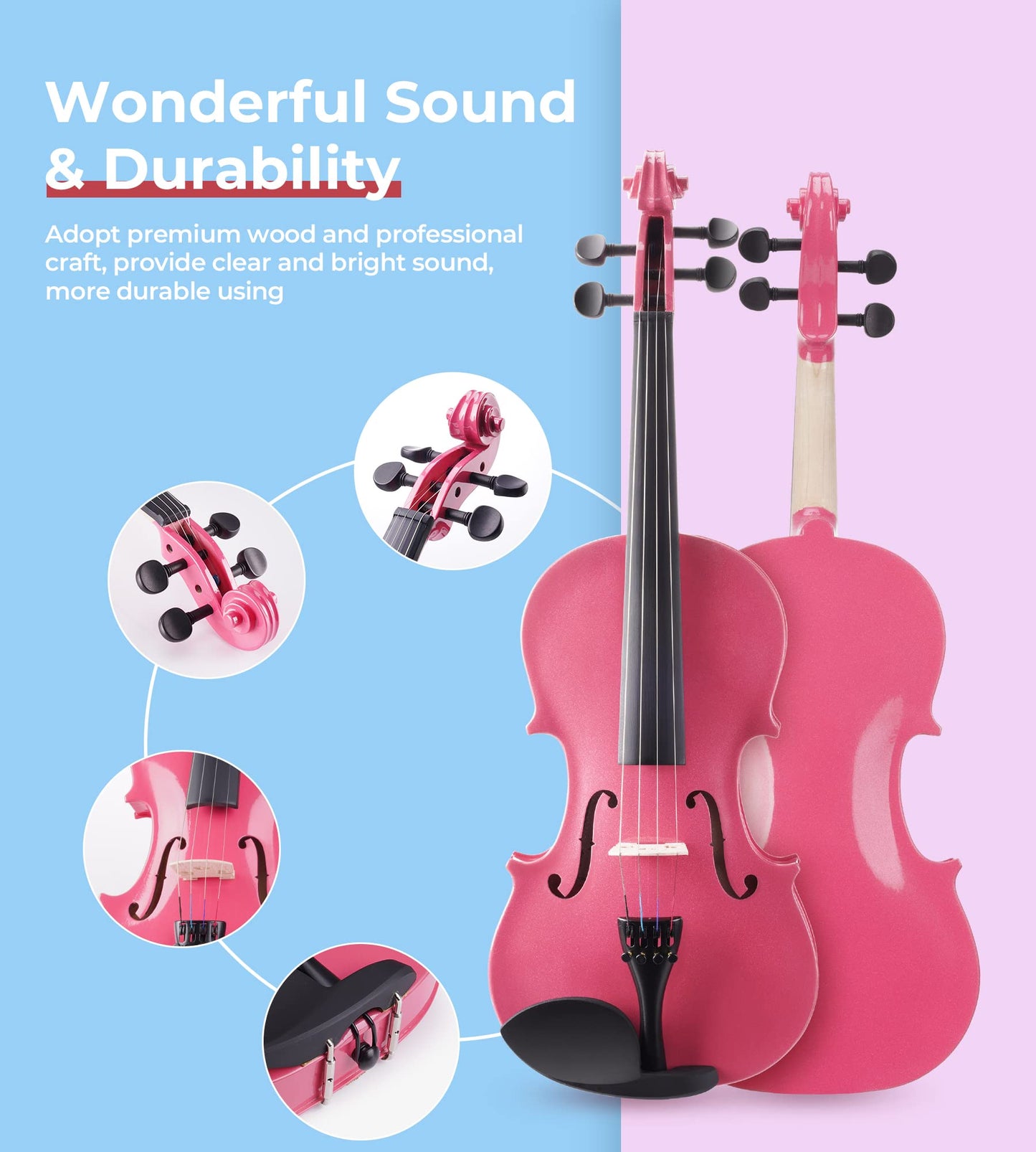 Full Size Pink Acoustic Violin Beginner Set with Case, Bow, Tuner & Accessories