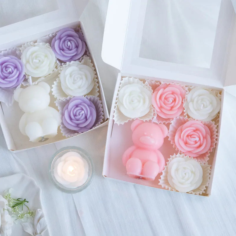 🕯️🐻 Romantic Bear & Flowers 3D Scented Candle Gift Set 🐻🕯️
