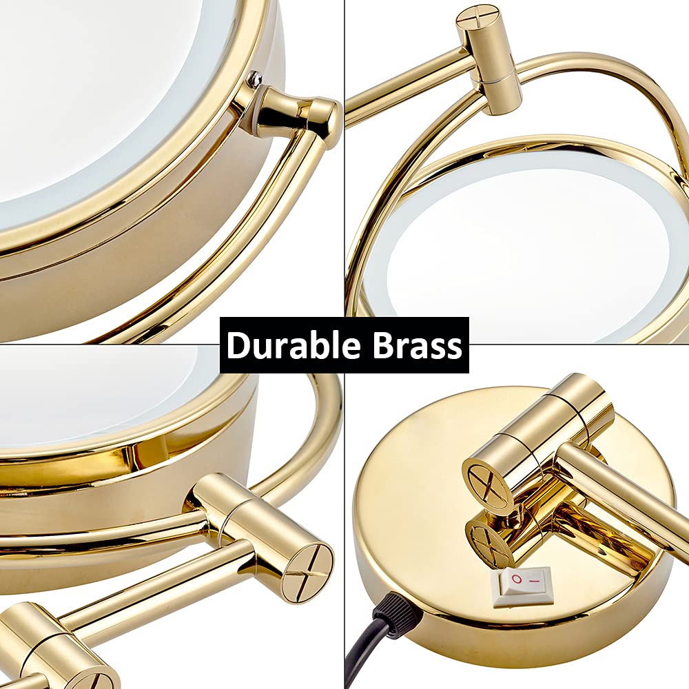 LED Wall Mounted Magnifying Makeup Mirror 360° Rotatable - Gold