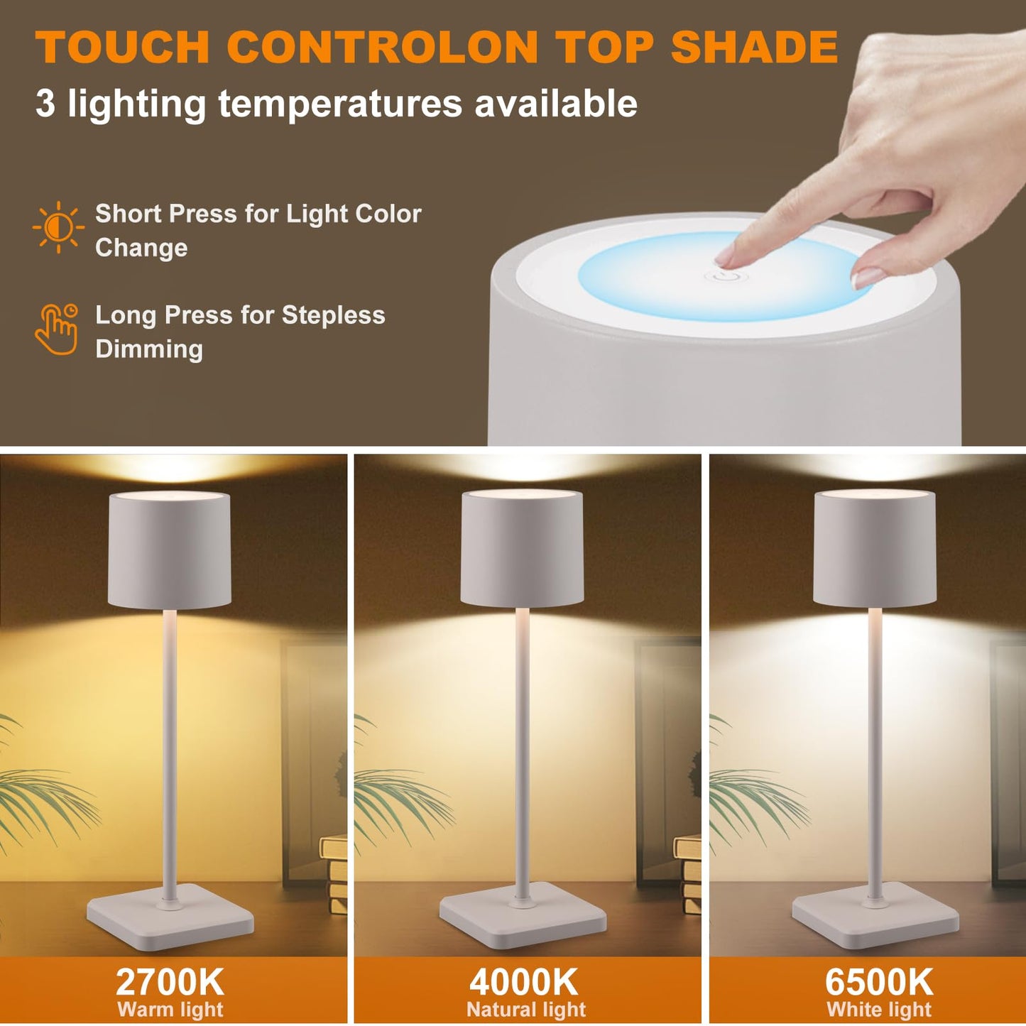 2 Pack Cordless Rechargeable LED Table Lamps with Touch Control