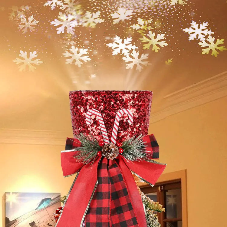 LED Red Christmas Tree Topper Snowflake Projector Top Hat