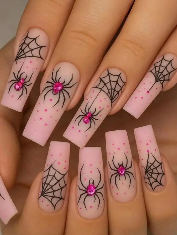 🎀🕷️ Pink Spider False Nails 🕷️🎀
