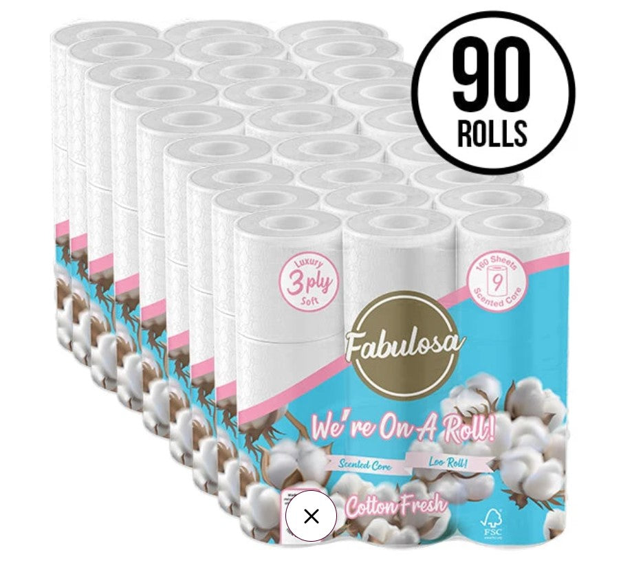 90 Pack 3 Ply Scented Toilet Roll Cotton Fresh Fragranced 10 x 9 Pack Bundle