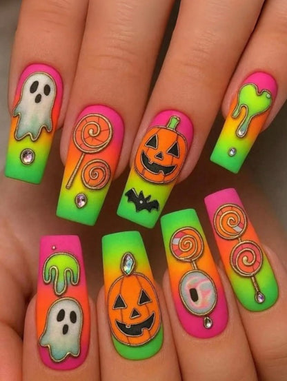 🎃🍭 Neon Candy Halloween False Nails 🍭🎃