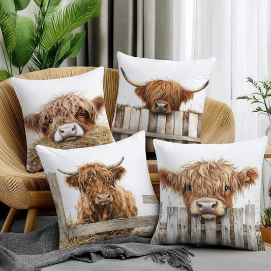 🐮✨ 4pc Highland Cow Cushion Cover Set ✨🐮