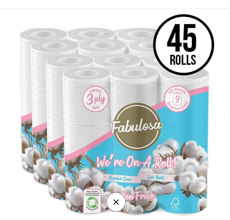 45 Pack 3 Ply Scented Toilet Roll Cotton Fresh Fragranced 5 x 9 Pack Bundle