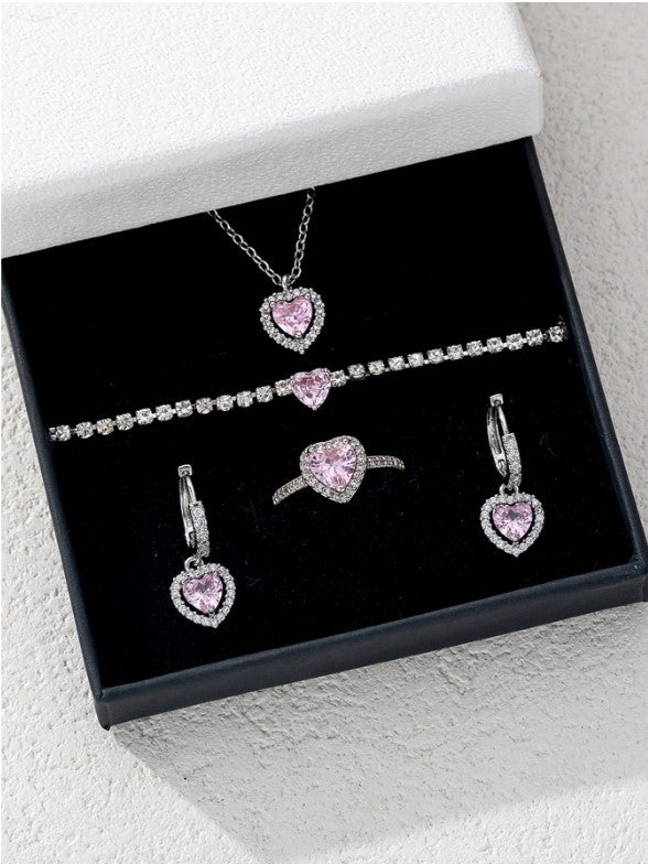 🎀 Pink & Silver Cubic Zirconia Heart-Shaped Jewellery Sets 🎀