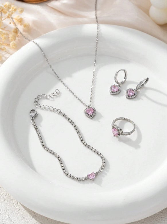 🎀 Pink & Silver Cubic Zirconia Heart-Shaped Jewellery Sets 🎀
