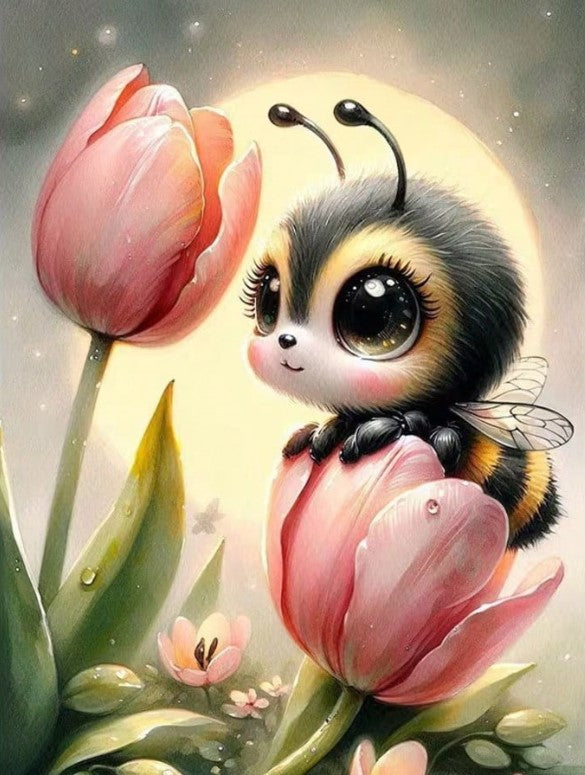 🐝 Cute Cartoon Bee on Pink Tulips Diamond Painting Kit 🐝