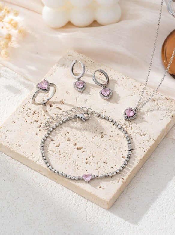 🎀 Pink & Silver Cubic Zirconia Heart-Shaped Jewellery Sets 🎀