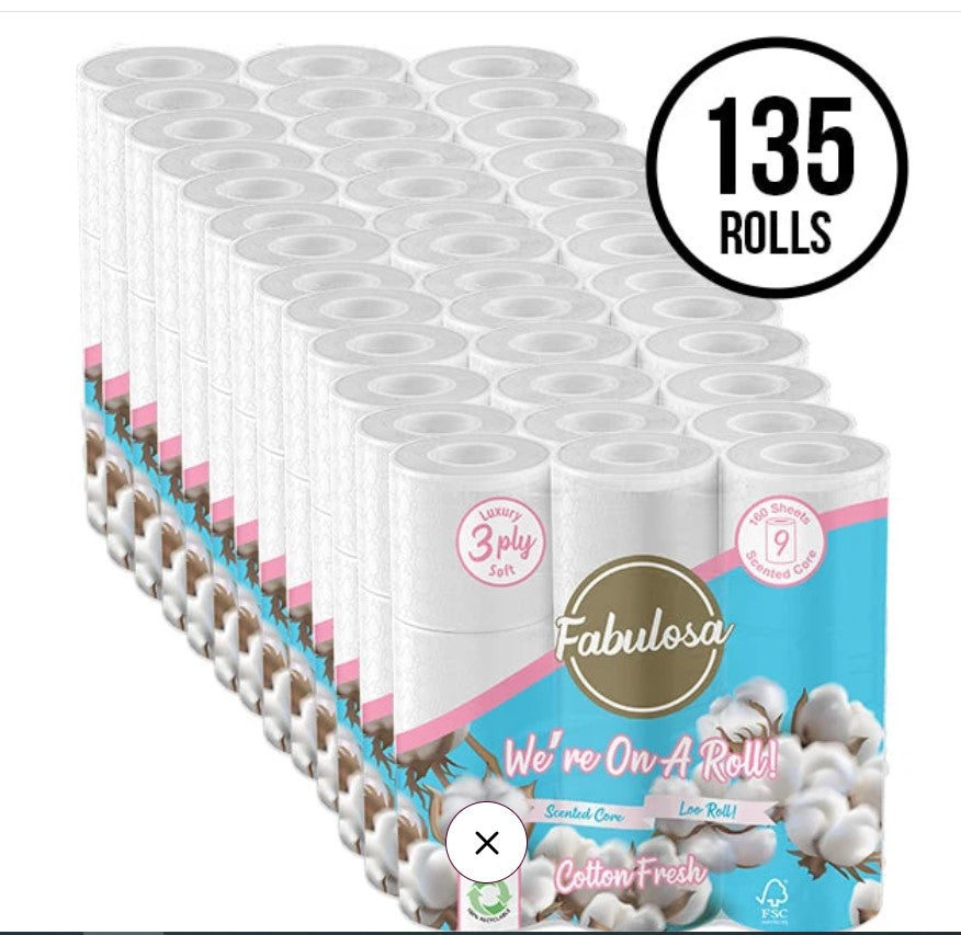 135 Pack 3 Ply Scented Toilet Roll Cotton Fresh Fragranced 15 x 9 Pack Bundle