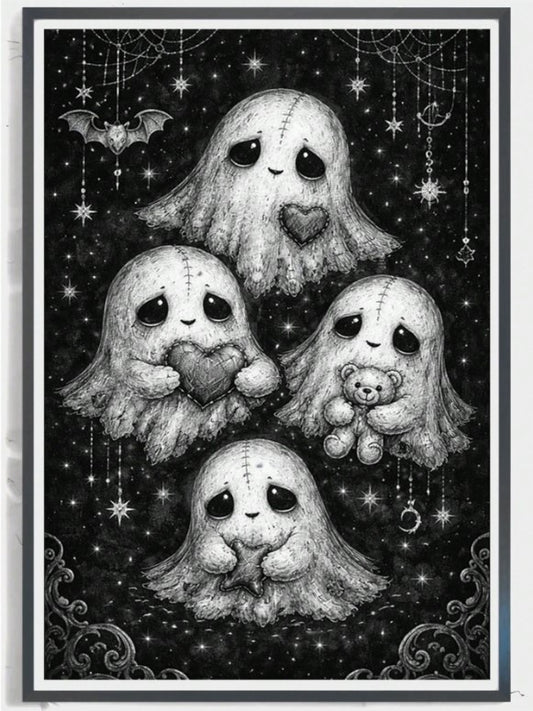 🖤🤍 Black & White 4 Cute Ghosts Diamond Painting 🤍🖤