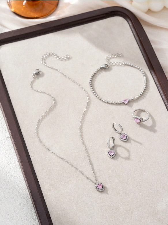 🎀 Pink & Silver Cubic Zirconia Heart-Shaped Jewellery Sets 🎀