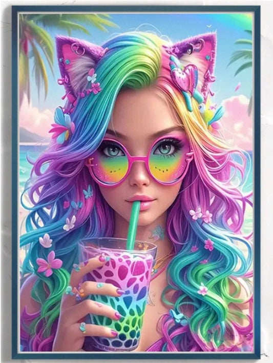🌈 Multicoloured Rainbow Cat Girl Diamond Painting Kit 🌈