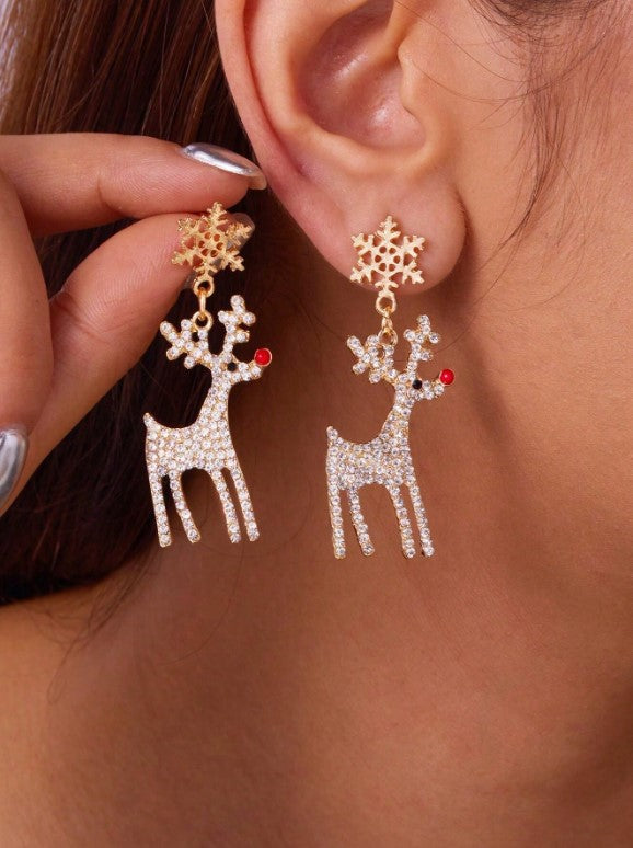 🦌❄️ Reindeer & Snowflake Rhinestone Dangle Earrings ❄️🦌