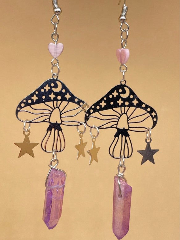 ✨🍄 Retro Celestial Mushroom Quartz Dangle Earrings 🌙⭐