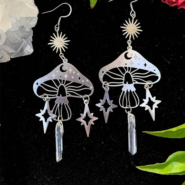 ✨🍄 Retro Celestial Mushroom Quartz Dangle Earrings 🌙⭐