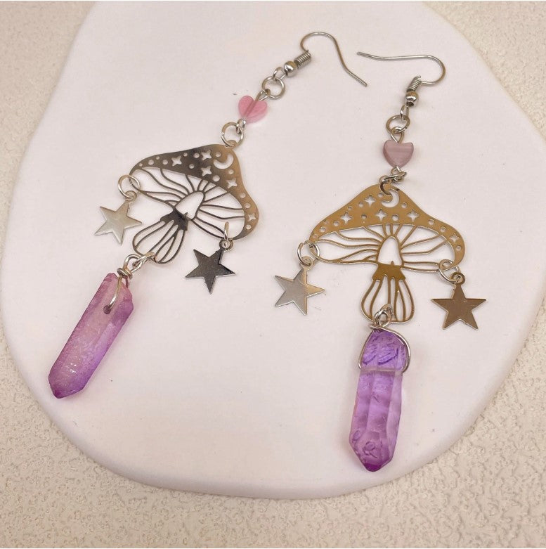 ✨🍄 Retro Celestial Mushroom Quartz Dangle Earrings 🌙⭐