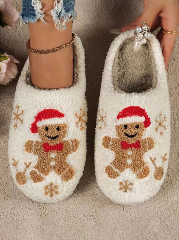 🍪❄️ Gingerbread Man & Snowflake Embroidered Slippers ❄️🍪