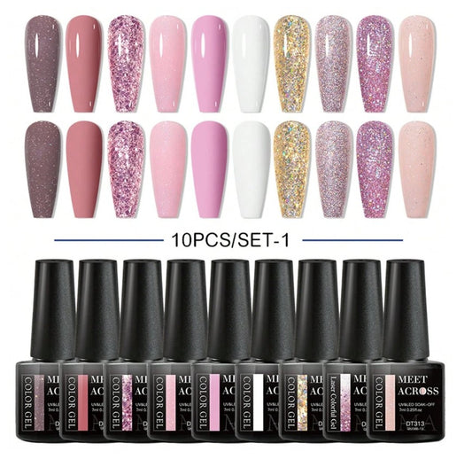 💅 Pink Sparkle Gel Nail Varnish – 10pc Set 💅