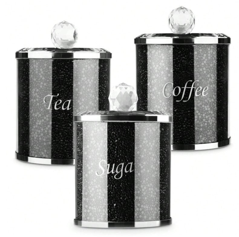 🖤 3pc Diamante Black Glass Crushed Diamond Tea, Coffee & Sugar Jar Set 🖤