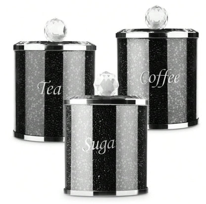 🖤 3pc Diamante Black Glass Crushed Diamond Tea, Coffee & Sugar Jar Set 🖤