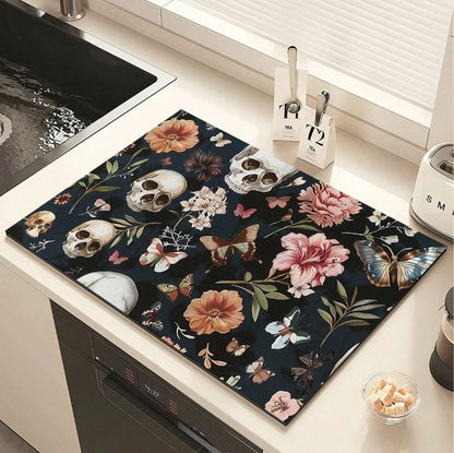 💀🦋 Floral Skull & Butterfly Absorbent Mat 🦋💀