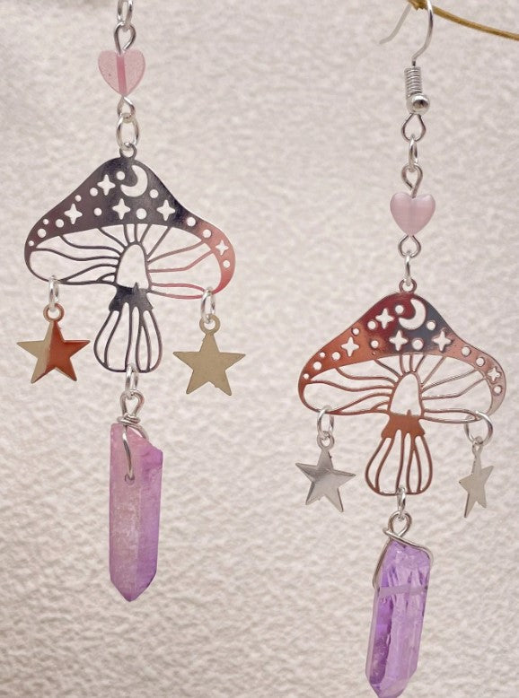 ✨🍄 Retro Celestial Mushroom Quartz Dangle Earrings 🌙⭐