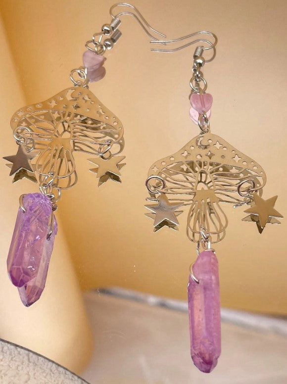 ✨🍄 Retro Celestial Mushroom Quartz Dangle Earrings 🌙⭐