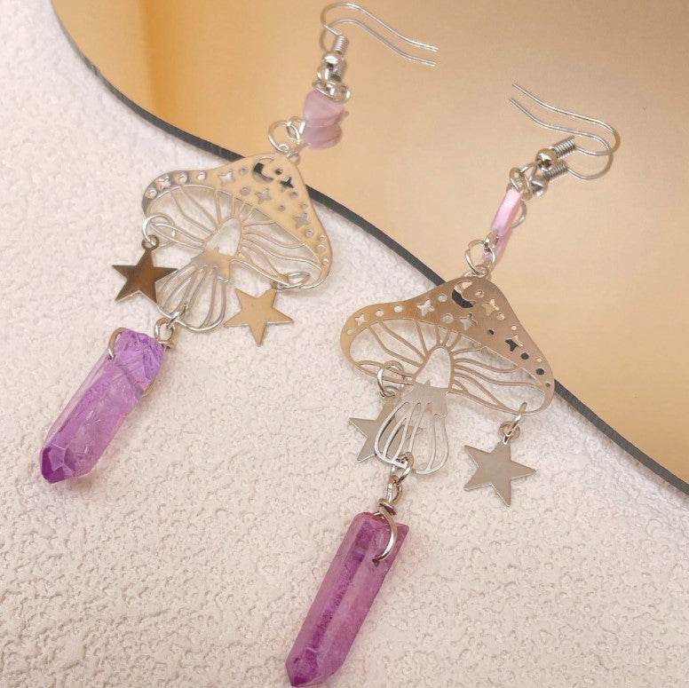 ✨🍄 Retro Celestial Mushroom Quartz Dangle Earrings 🌙⭐