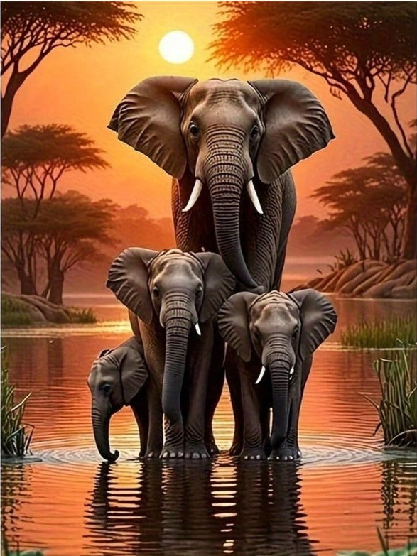 🧡🐘 Majestic Elephant Family at Sunset Diamond Painting 🐘🧡