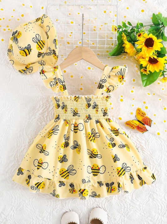 🐝 2pc Girls Cartoon Bee Print Dress Set With Matching Hat 🐝