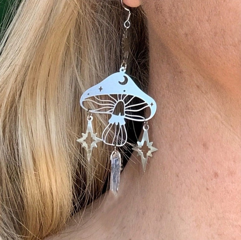 ✨🍄 Retro Celestial Mushroom Quartz Dangle Earrings 🌙⭐