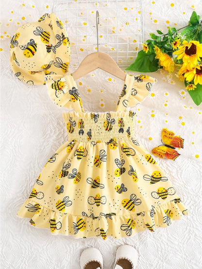 🐝 2pc Girls Cartoon Bee Print Dress Set With Matching Hat 🐝