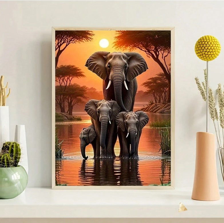 🧡🐘 Majestic Elephant Family at Sunset Diamond Painting 🐘🧡