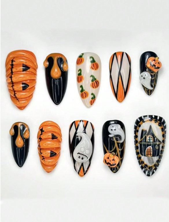 🎃👻🏠 Pumpkins, Ghosts & Haunted House False Nails 🏠👻🎃