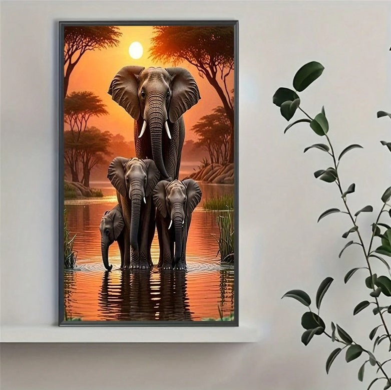 🧡🐘 Majestic Elephant Family at Sunset Diamond Painting 🐘🧡