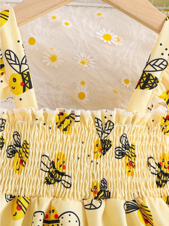 🐝 2pc Girls Cartoon Bee Print Dress Set With Matching Hat 🐝