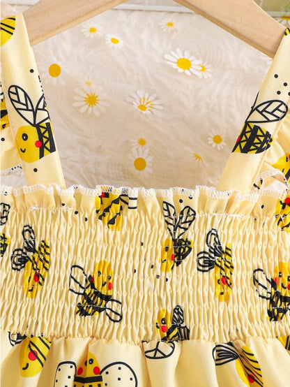 🐝 2pc Girls Cartoon Bee Print Dress Set With Matching Hat 🐝