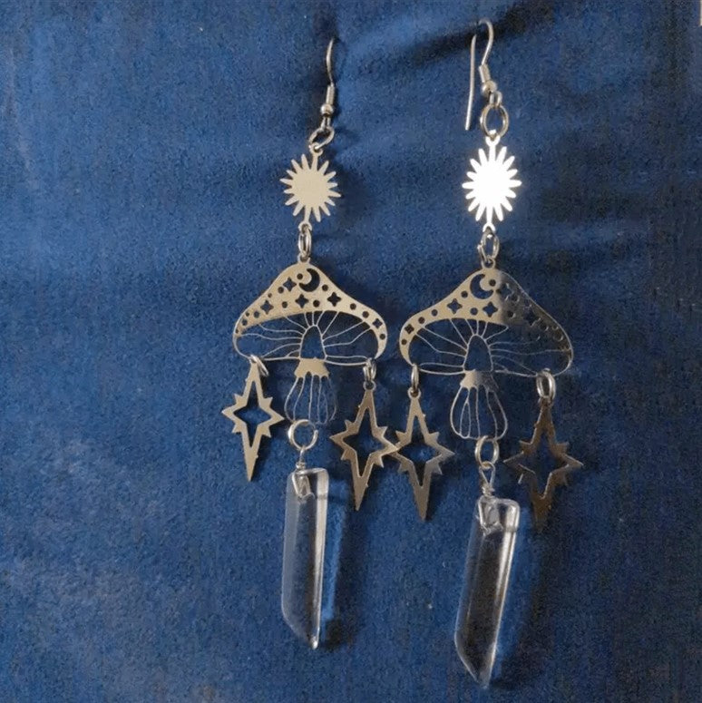 ✨🍄 Retro Celestial Mushroom Quartz Dangle Earrings 🌙⭐