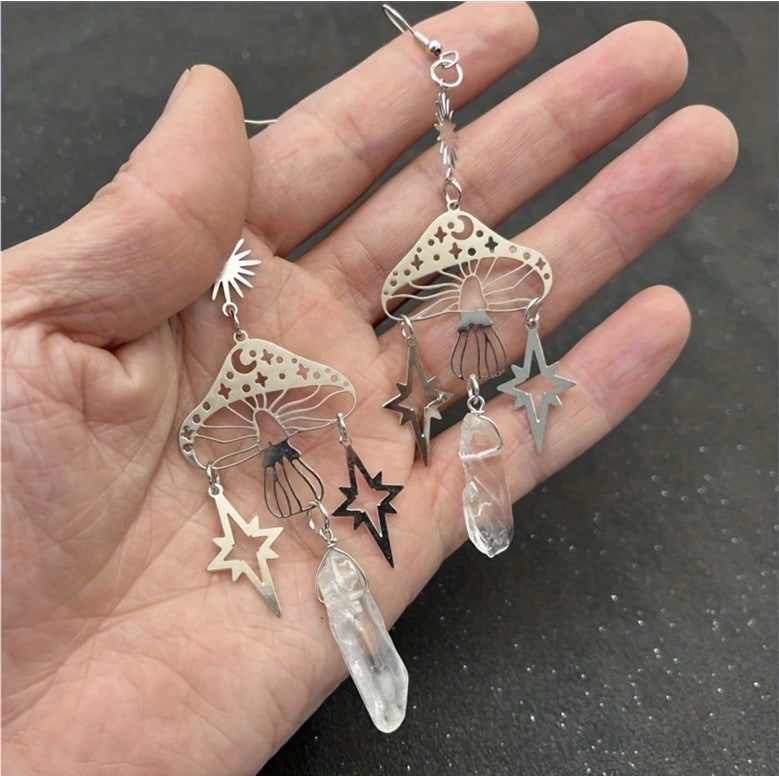 ✨🍄 Retro Celestial Mushroom Quartz Dangle Earrings 🌙⭐