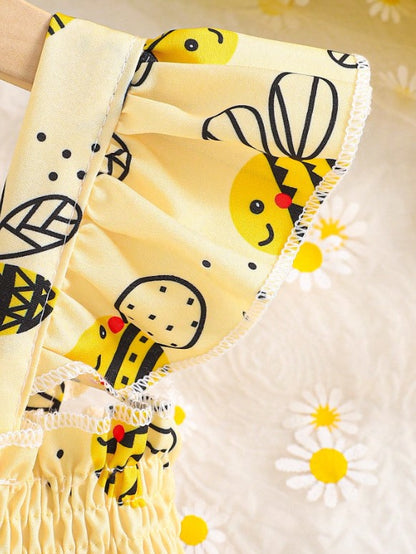 🐝 2pc Girls Cartoon Bee Print Dress Set With Matching Hat 🐝