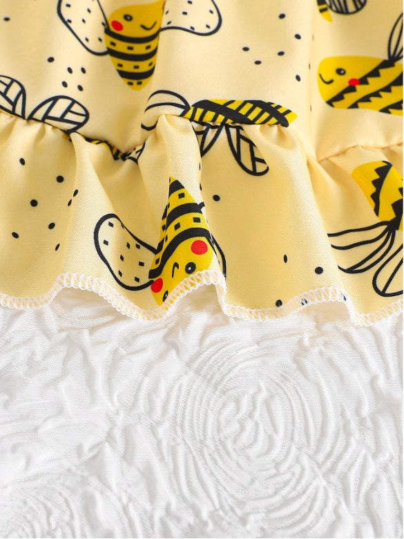 🐝 2pc Girls Cartoon Bee Print Dress Set With Matching Hat 🐝