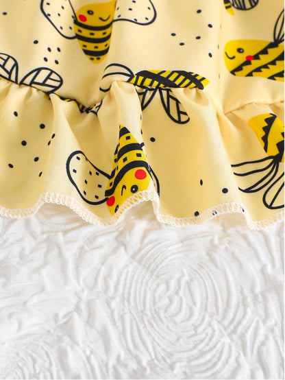 🐝 2pc Girls Cartoon Bee Print Dress Set With Matching Hat 🐝