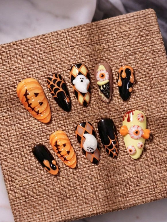 🎃 👁️ Cute Pumpkin & Eyeball False Nails 👁️🎃