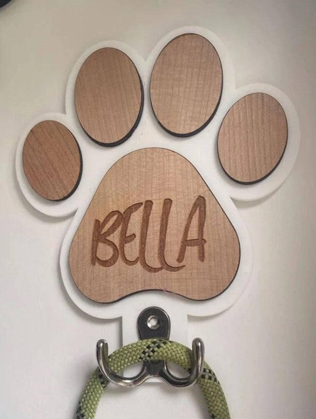 🐾 Personalised Wooden Paw Print Lead Holder 🐶