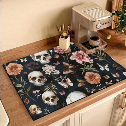 💀🦋 Floral Skull & Butterfly Absorbent Mat 🦋💀