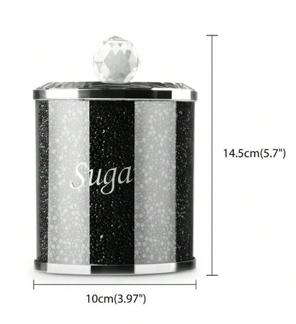 🖤 3pc Diamante Black Glass Crushed Diamond Tea, Coffee & Sugar Jar Set 🖤