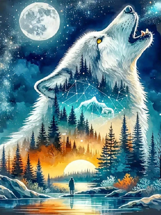 🐺 Orange & Blue Wolf Nature Scene Diamond Painting Kit 🐺